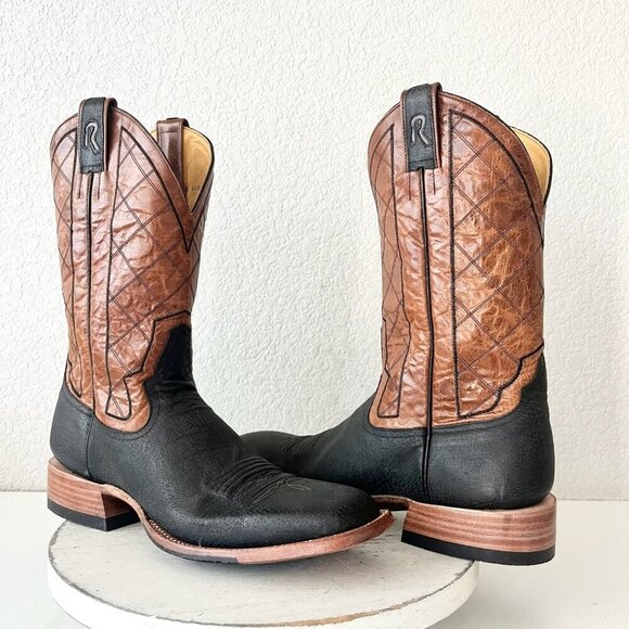 Rod Patrick Mens Cowboy Boots 12AAA Black Kangaroo Brown Top Western Square Toe - Picture 1 of 12